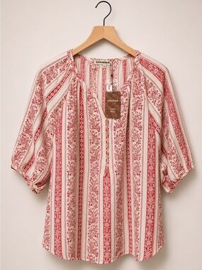 Unixseque Boho Red & Cream Split-Neck Floral Stripe Blouse (rack)